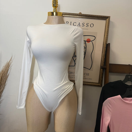 Long Sleeve Crew Neck Thong Bodysuit-White