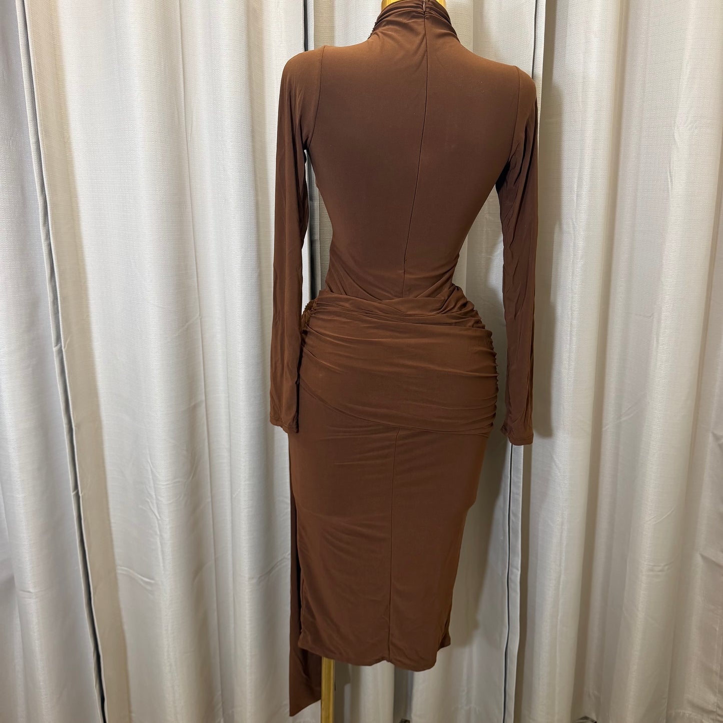 Long sleeve  Solid Double Layer Front Sash Midi Dress-Brown