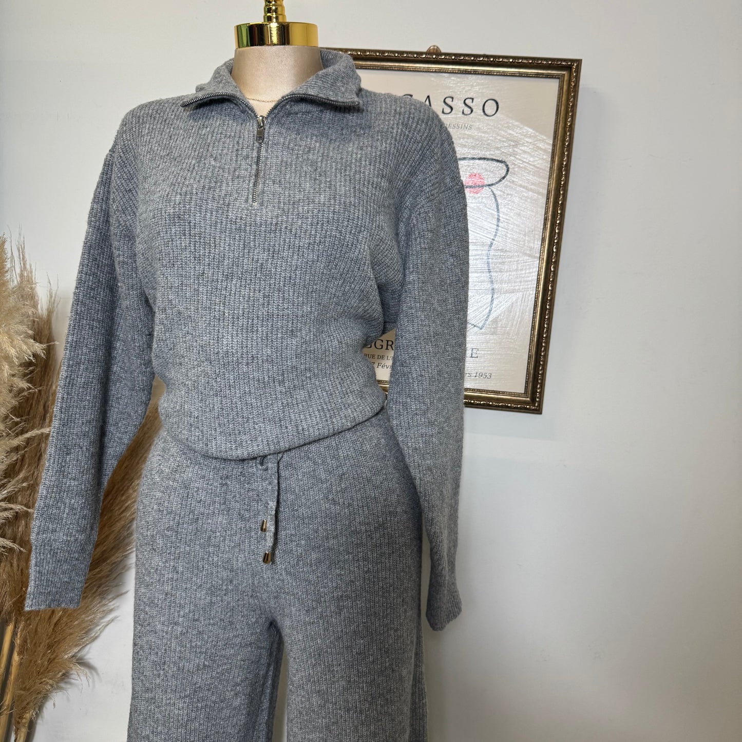 Quarter zip sweater and Pants Set-Heather Gray
