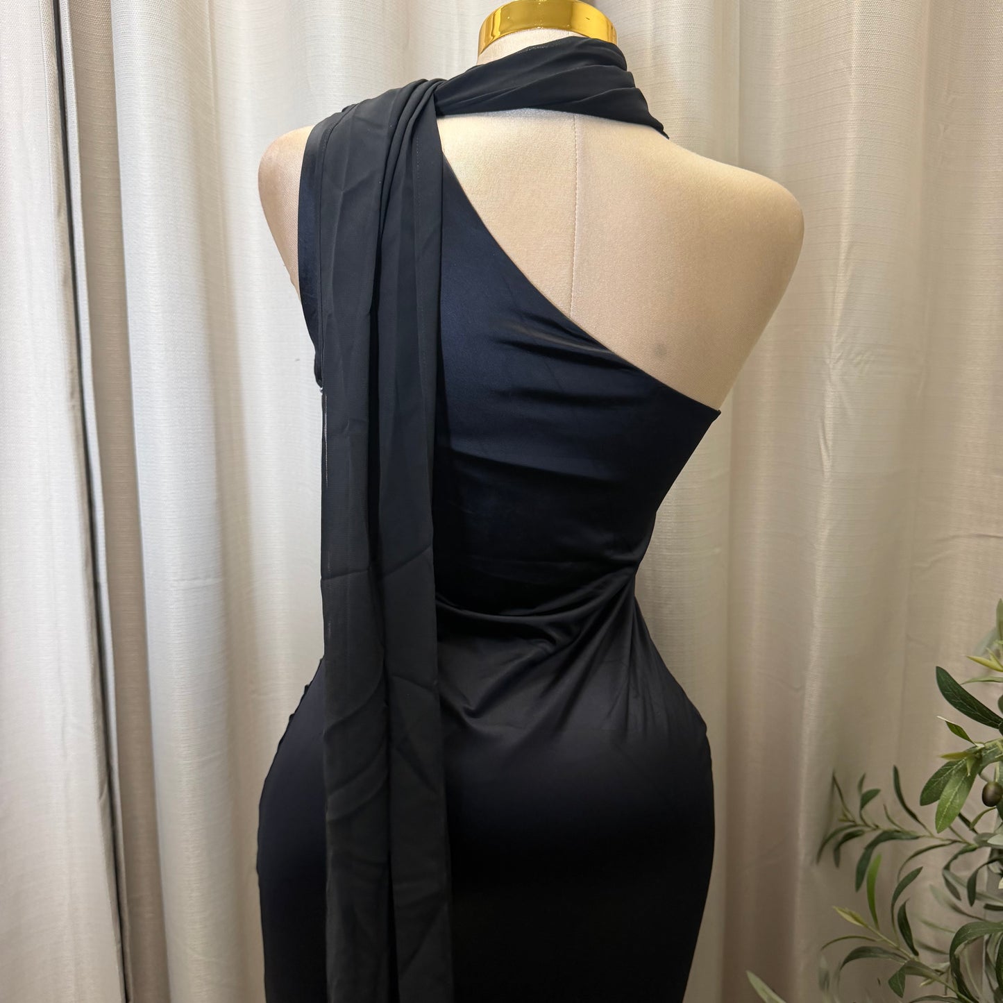 Pearl Satin with Chiffon Sash one Shoulder Dress-Black