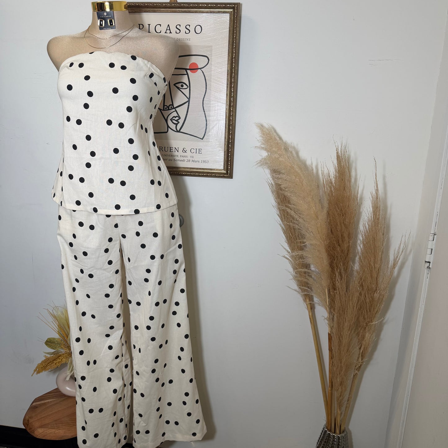 Polka Dot Linen Strapless Pant Set -Cream