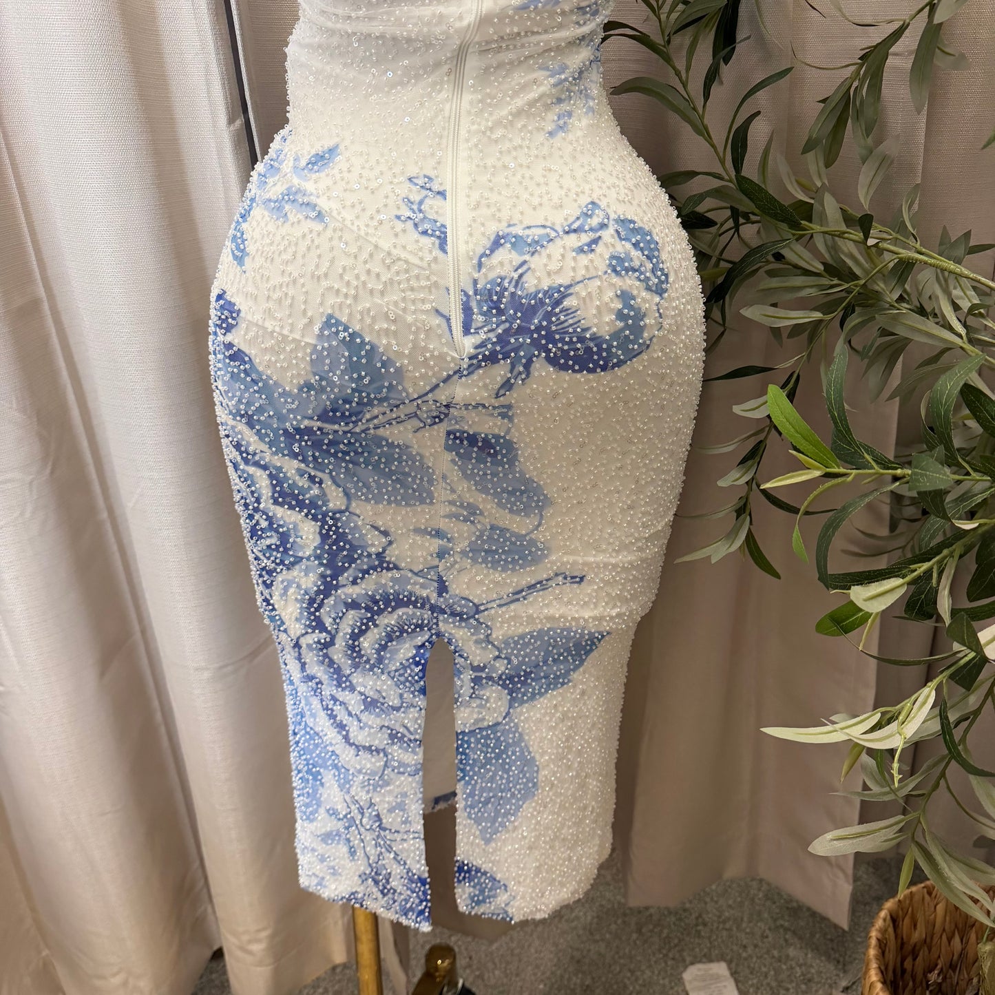 Halter Neck Open back Midi Dress-Blue/white