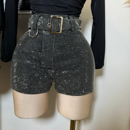 Rhinestone Black Shorts-Silver