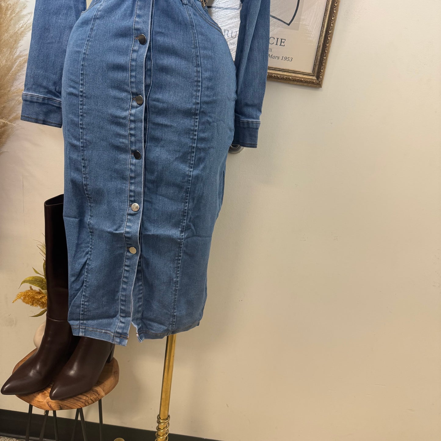 Denim Button Long Dress-Medium Wash