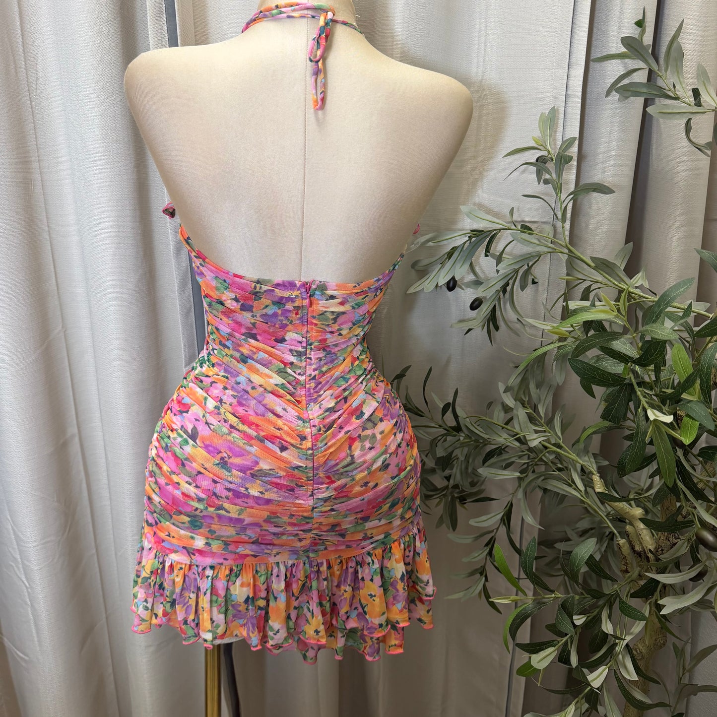 Flower Print Mesh Mini Dress-Pink