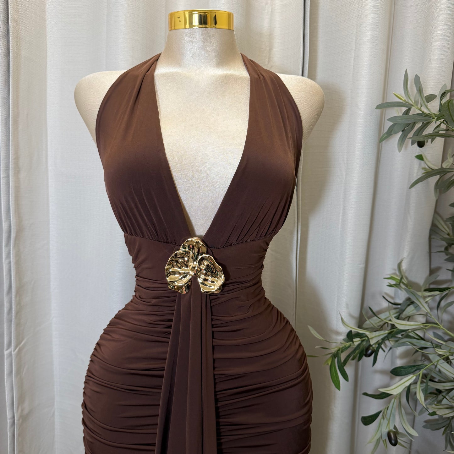 Orchid Halter Ruched front panel Mini Dress-Brown