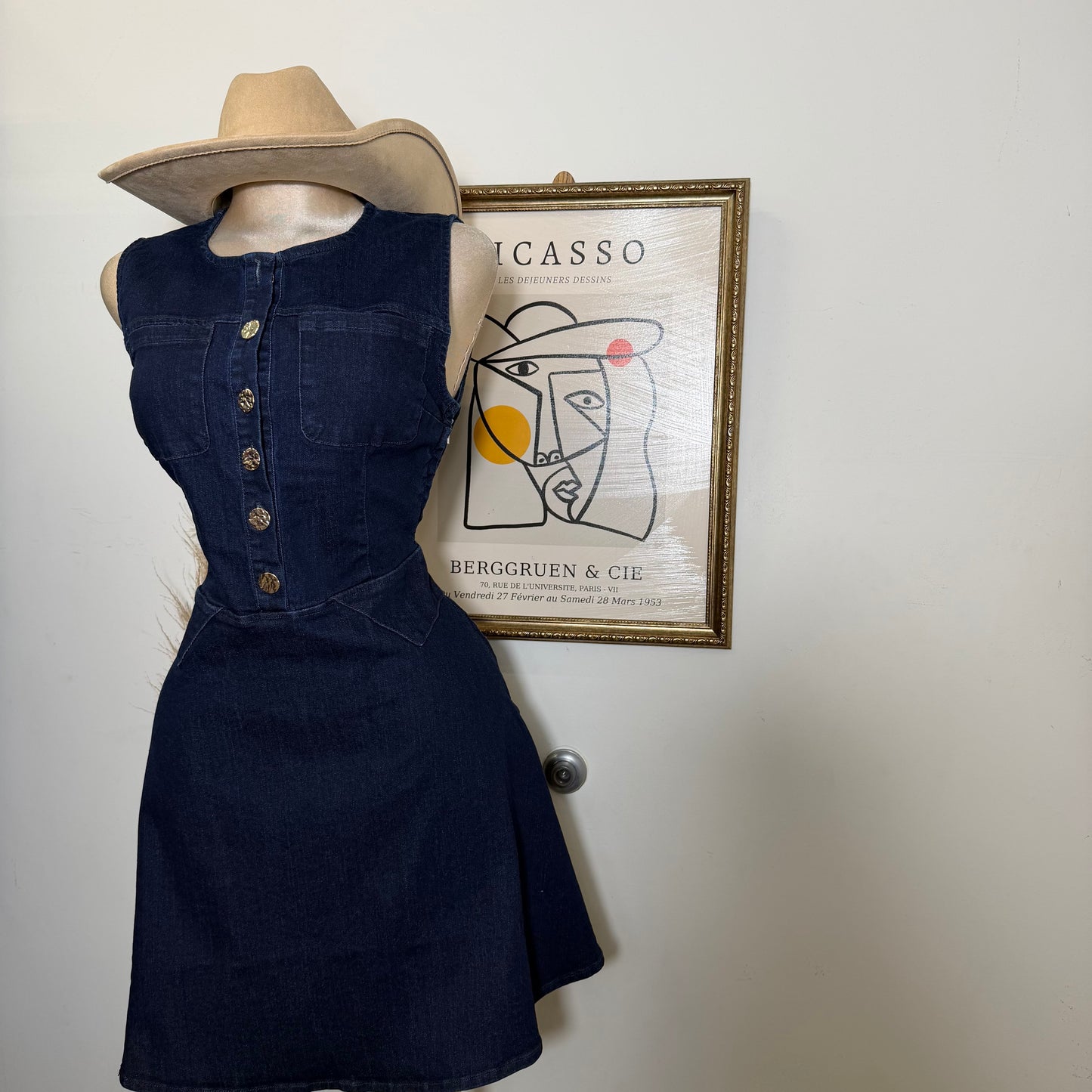 Round Neck Midi Denim Dress-Indigo