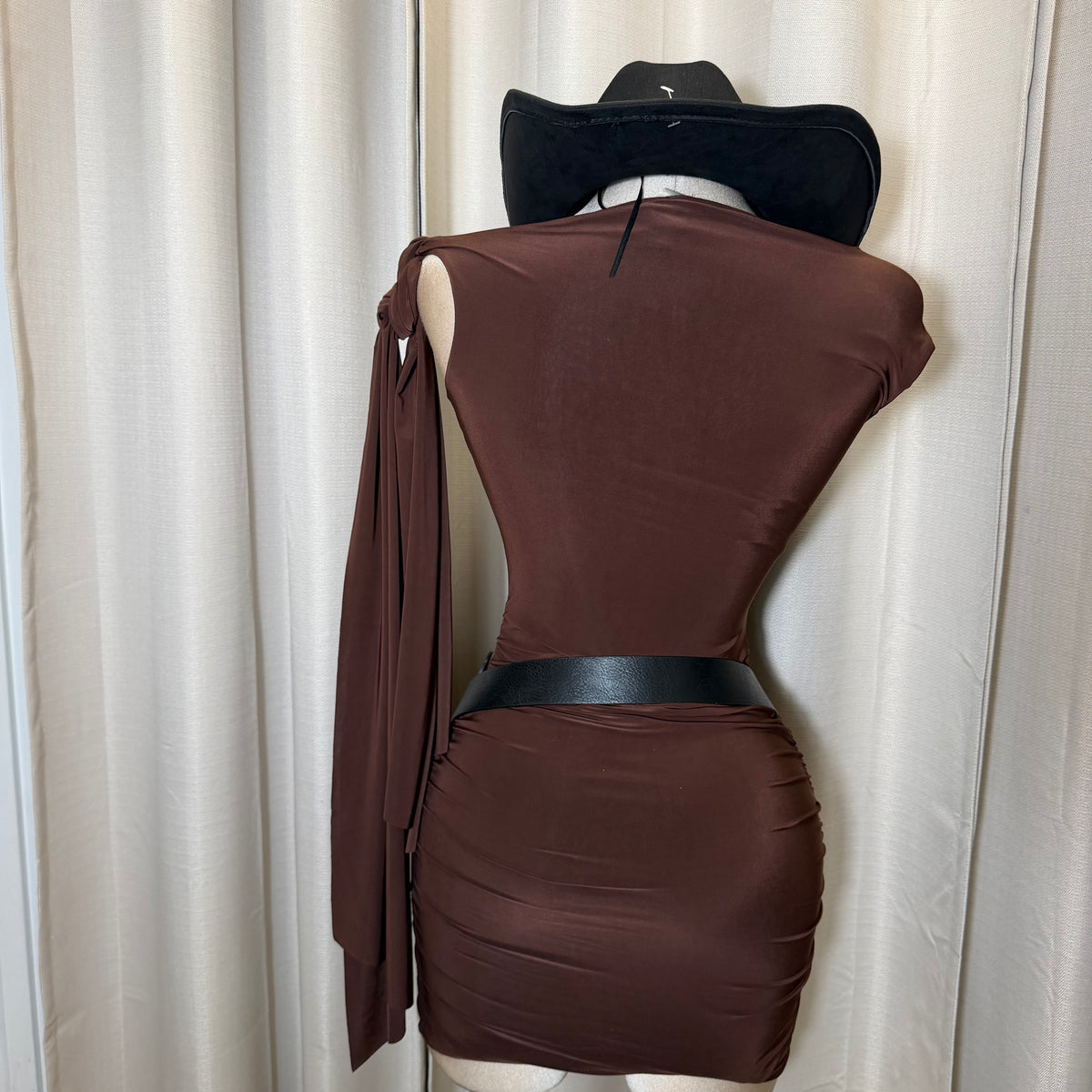 Off Shoulder Ruched Side Tie Mini Dress-Brown