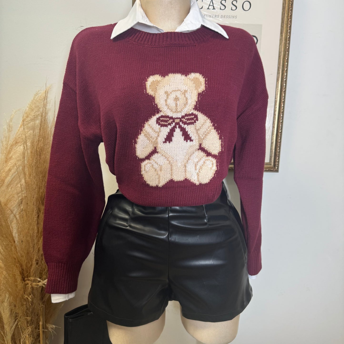 Teddy Jacquard Crew Neck Knit Pullover Sweater-Burgundy