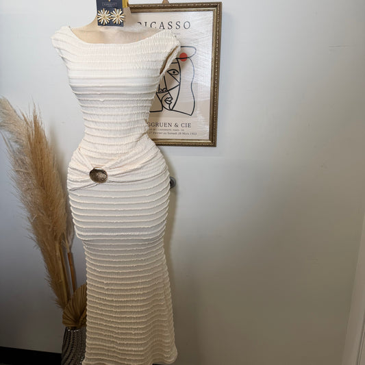 Textured Solid Off shoulder Maxi dress-Cream