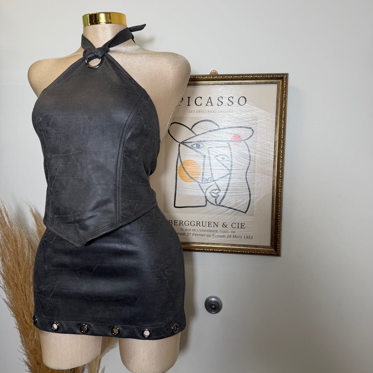 Halter Top and Mini Skirt Set with lace up back -Charcoal