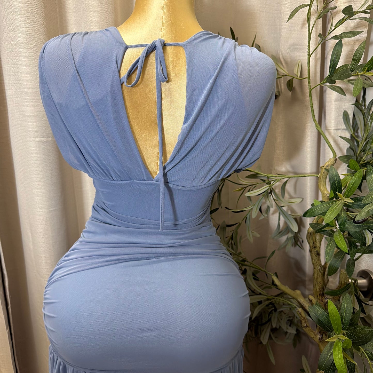 V Neck Mesh Maxi Dress-baby blue