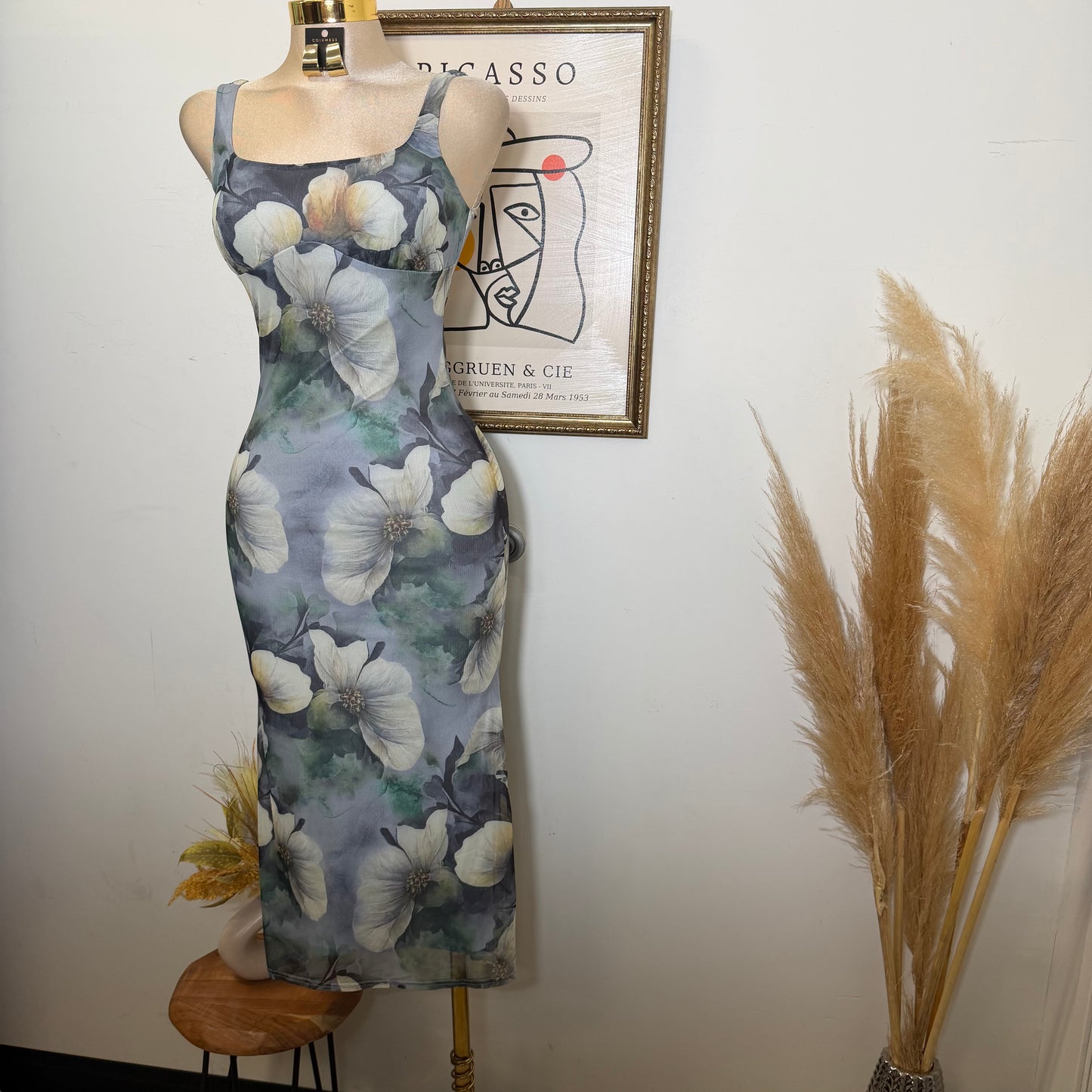 Mesh Print Midi Dress Flower Dress-Green