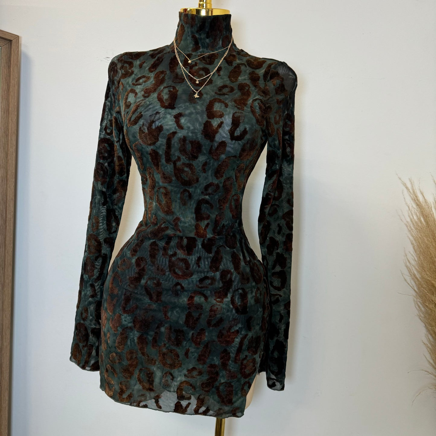 Cheetah Mesh Long Sleeve Dress-Multi Brown