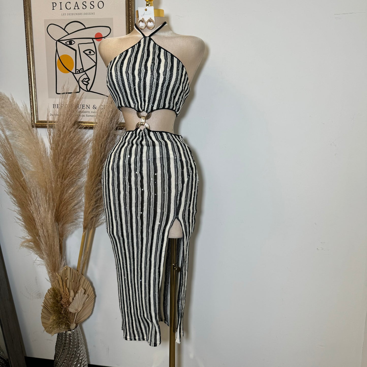 Solid Cut & Sew Knit Cut Out Waist Tie Neck Midi Dress-Black/Oat