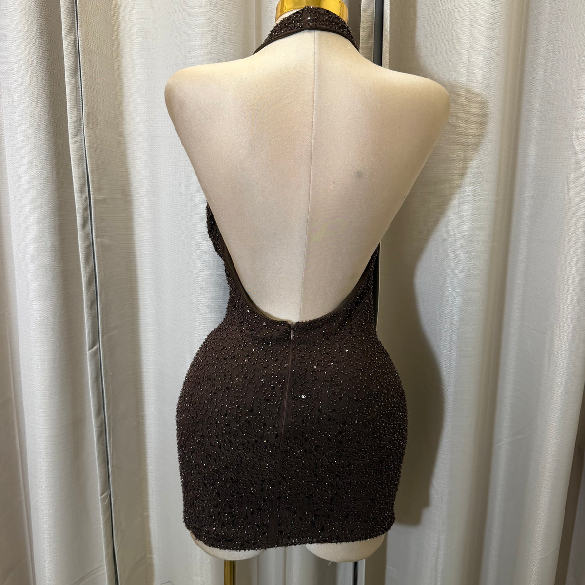 Halter sequins Beads Mini Dress-Chocolate/Brown