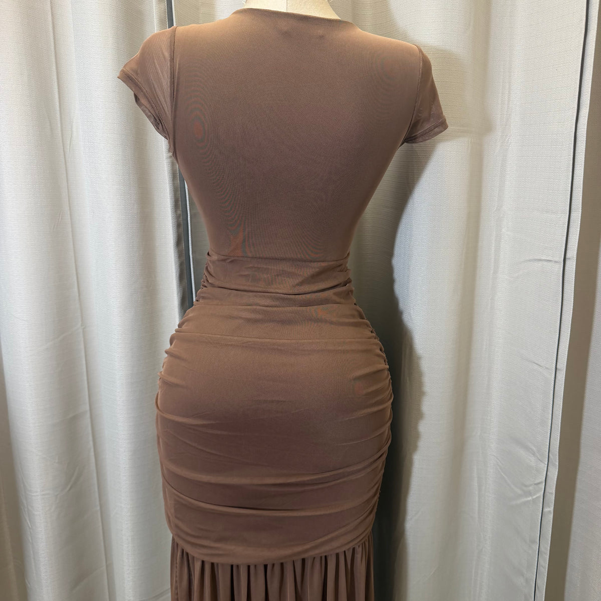 Short Sleeve Solid Mesh  Maxi Dress-Brown