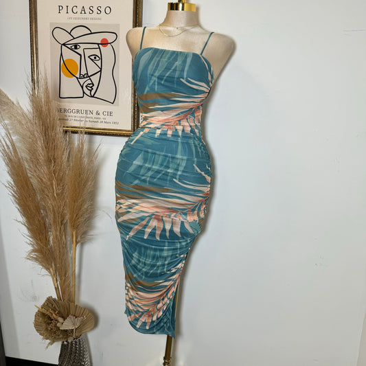 Favy Ruched Midi Dress-Teal
