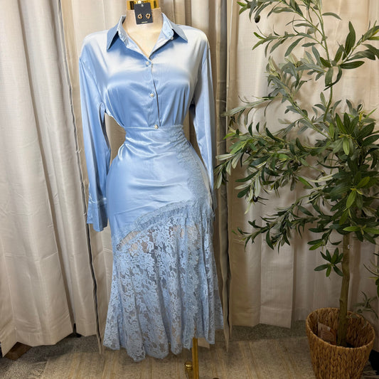 Satin Long Sleeve Top with Lace Skirt-Blue