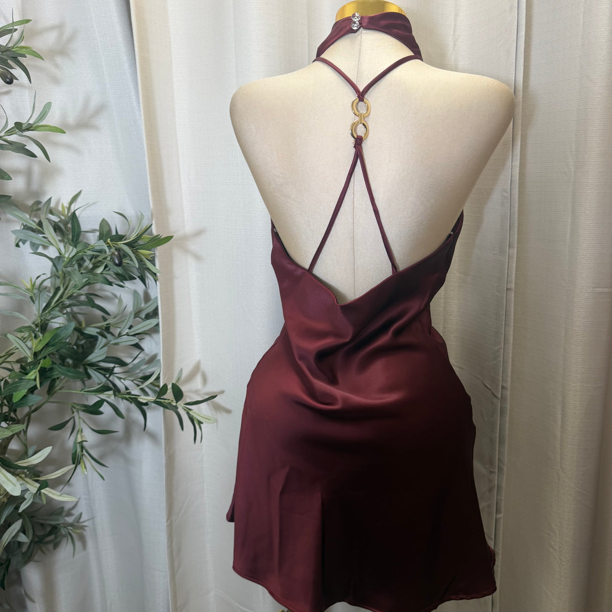 Halter Satin Mini Dress-Burgundy