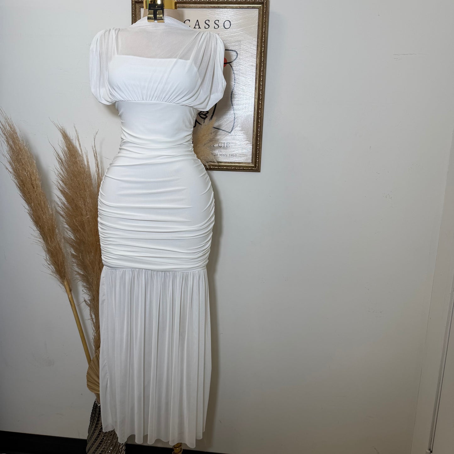 Mesh & Knit Mix Long Dress-Ivory