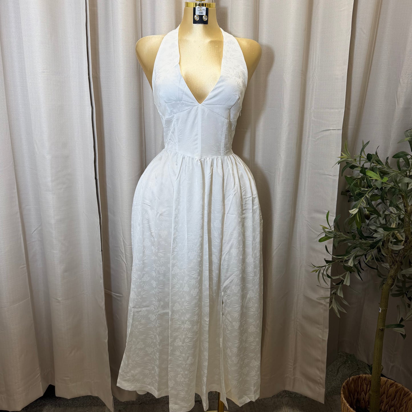 Halter Neck Midi Dress flare Dress-White