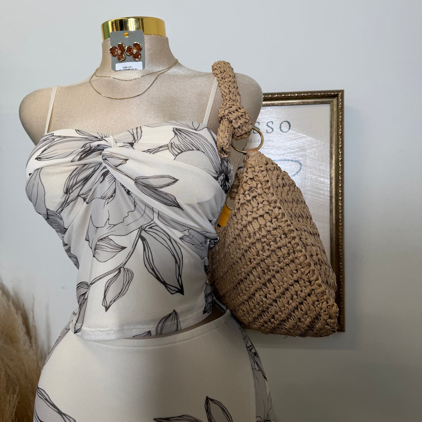 Mesh Print Twist Cami Top & Slit Maxi Skirt-Sand/Brown