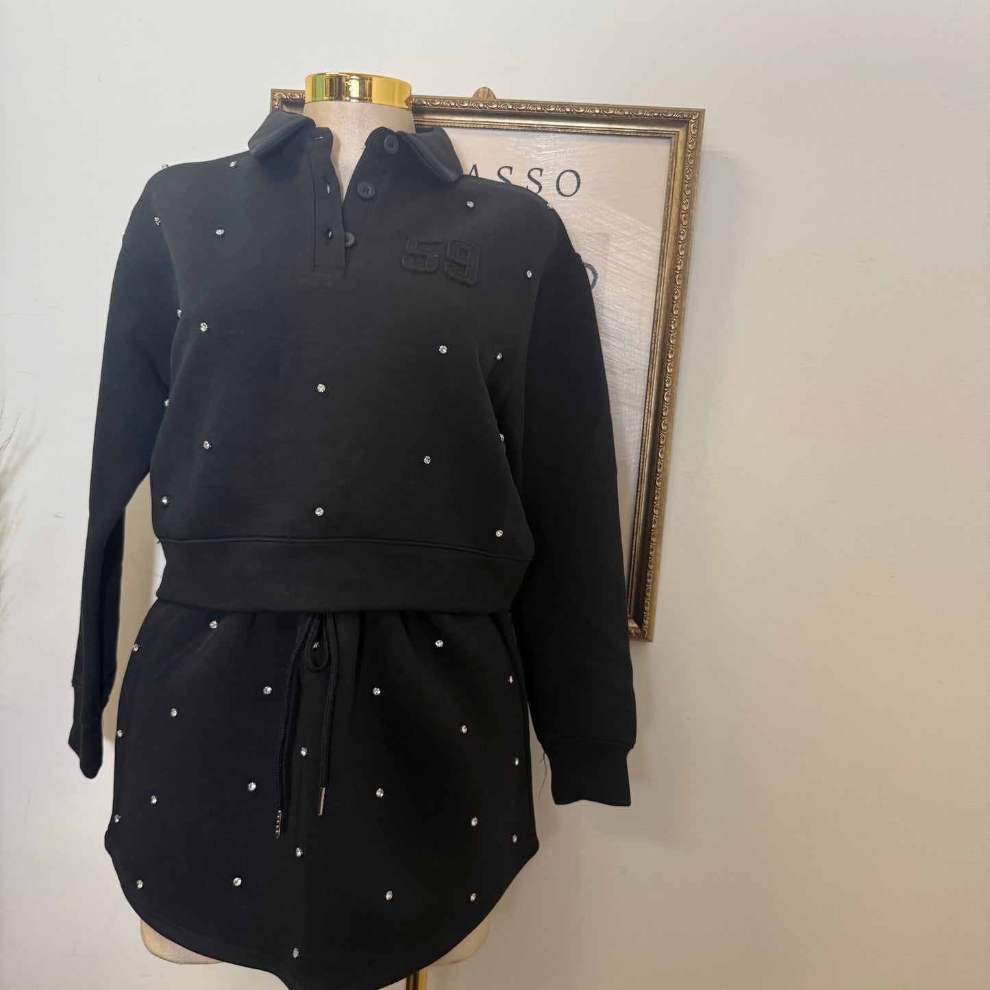 Long Sleeve Embellish scuba Polo Set-black