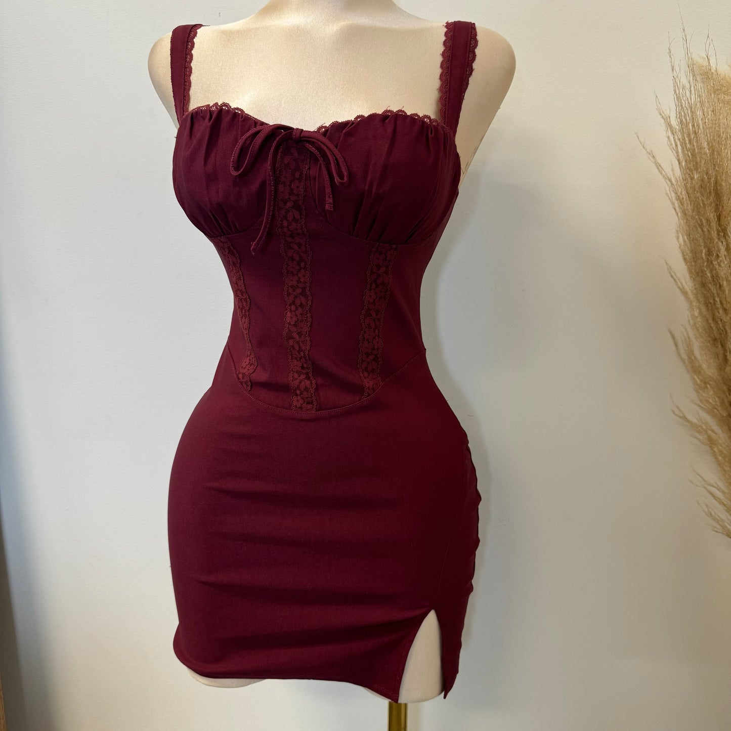 Hera Lace Trim Mini Dress-Burgundy