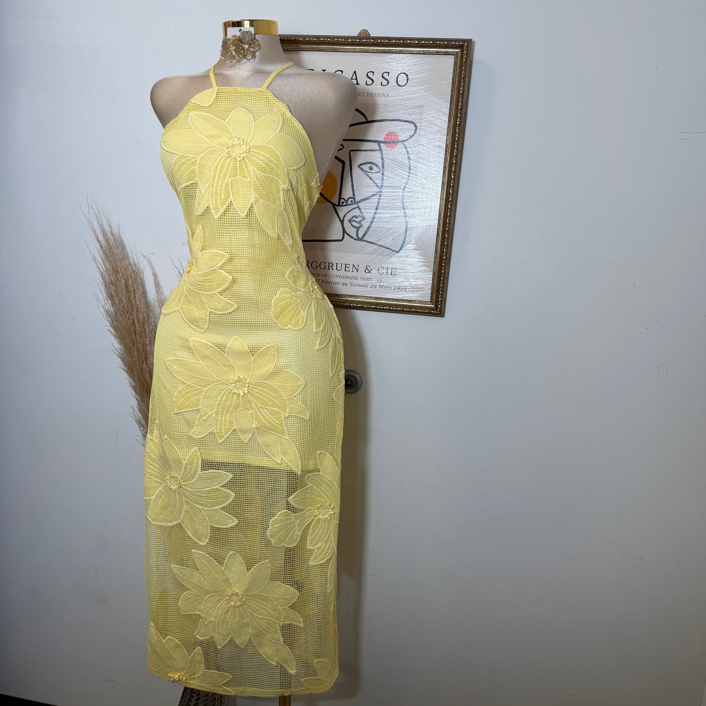 Halter Neck with Lace up back Midi Dress- Yellow