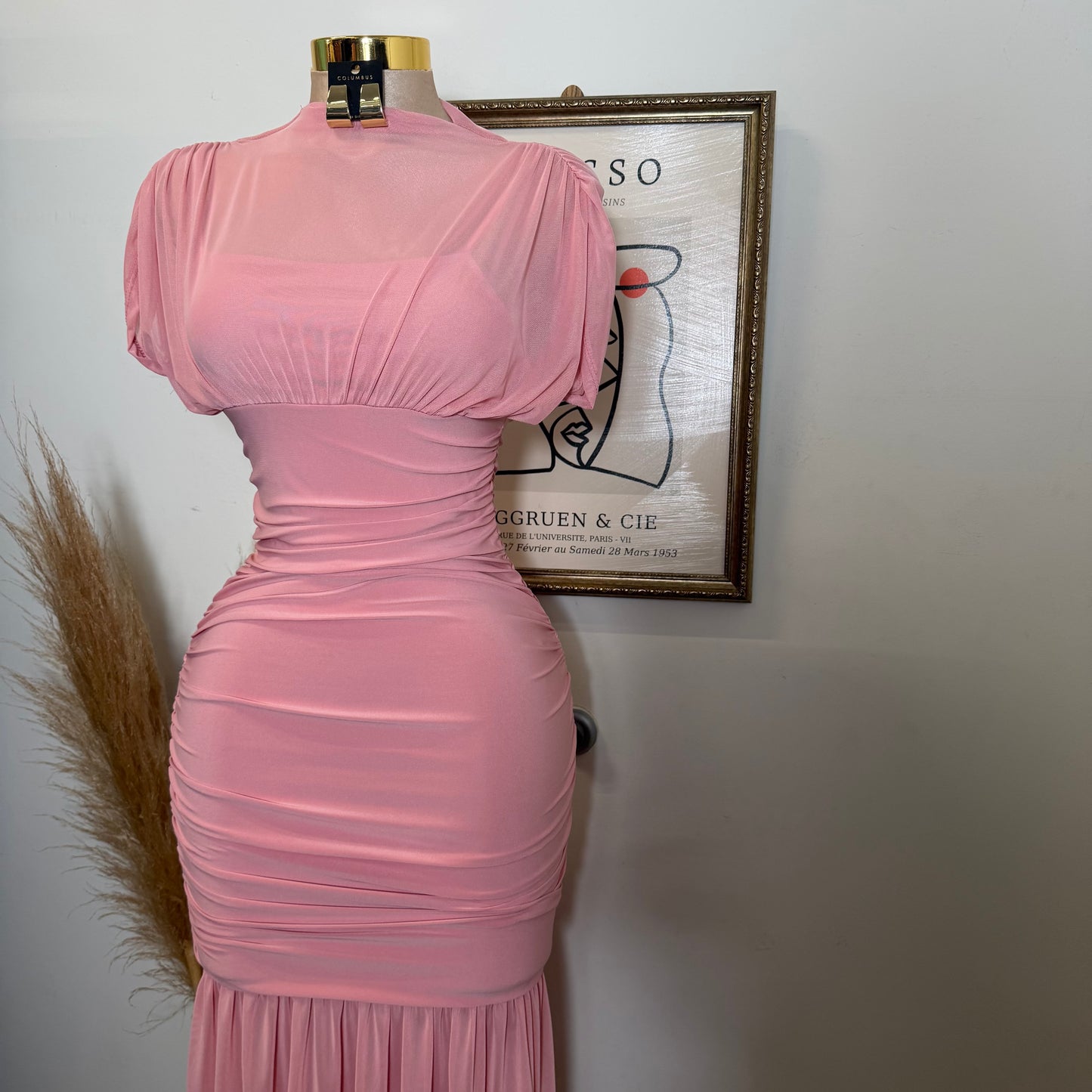 Mesh & Knit Mix Long Dress-Pink