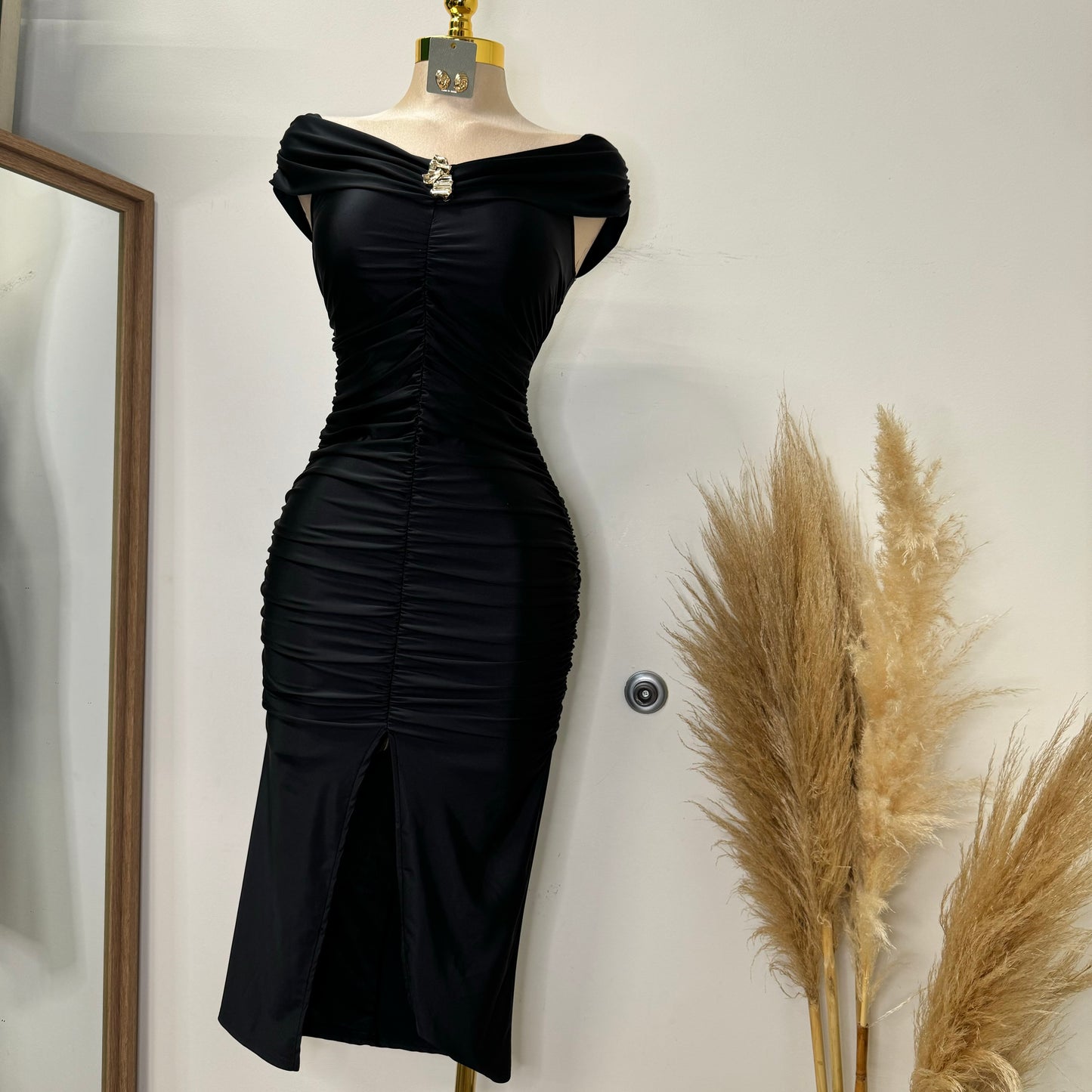 Lúxel Satin Off Shoulder MIDI Dress-Black