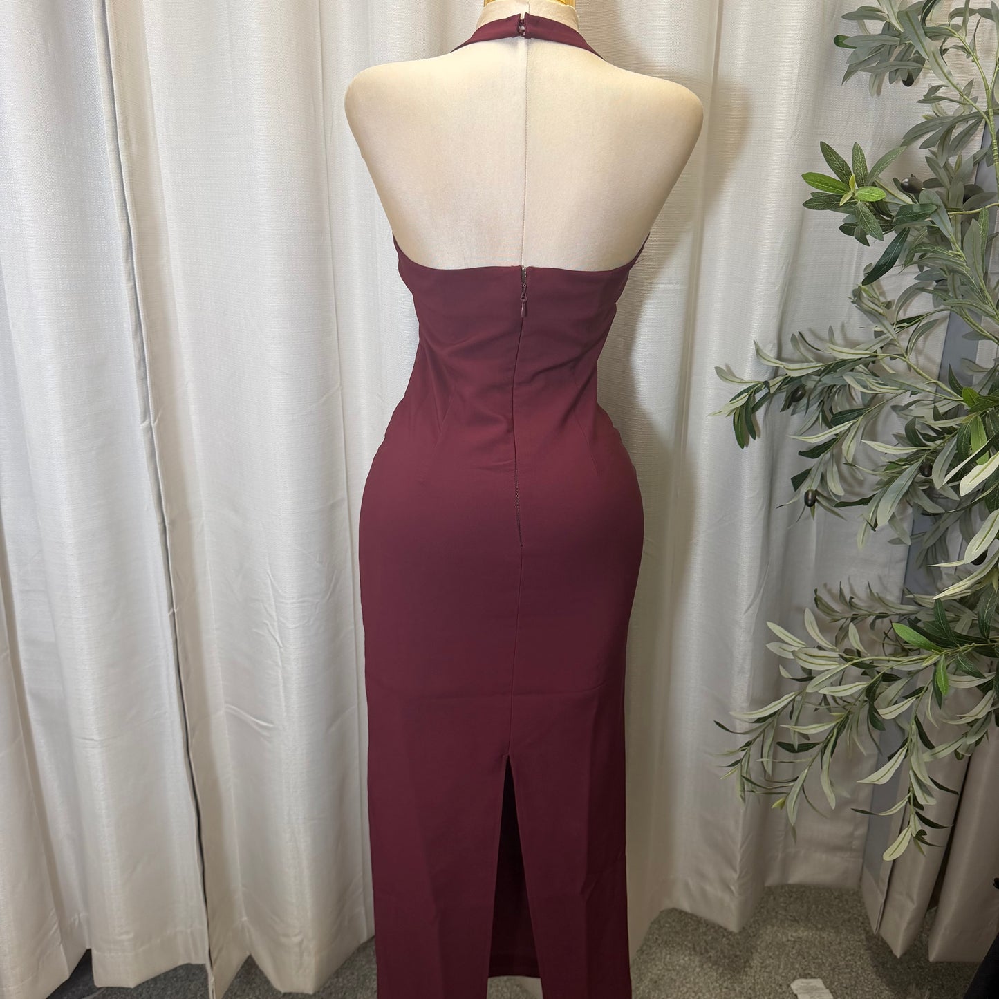 Halter Neck Structured Back Slit Maxi Dress-Burgundy