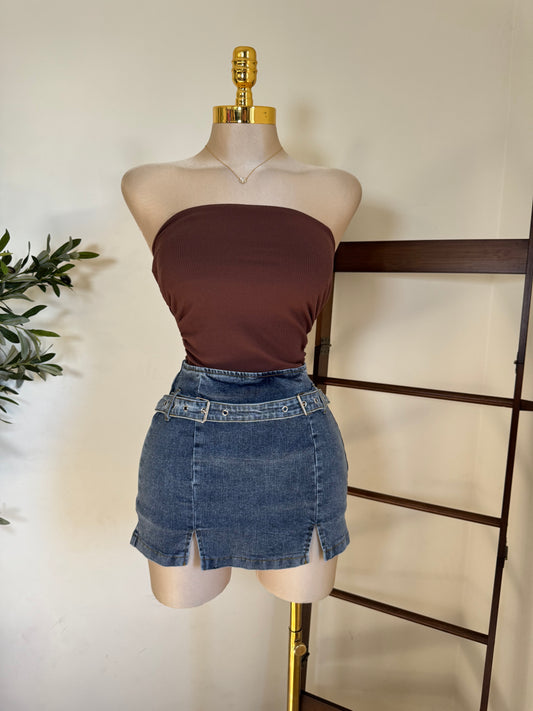 Belted Denim Mini Skirt with short-Blue