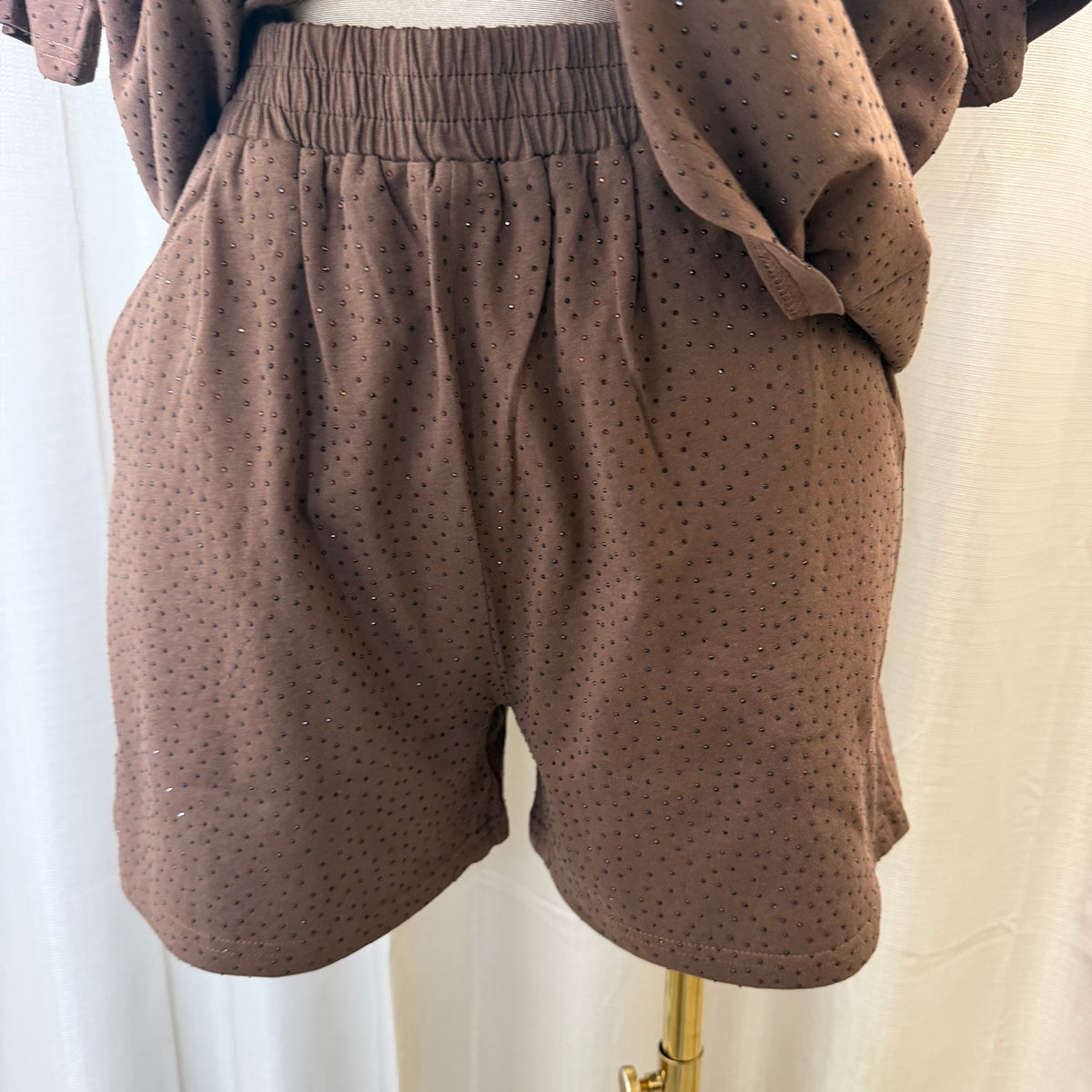 Rhinestone-embellished cotton Casual Tee and Short Tee-Chocolate