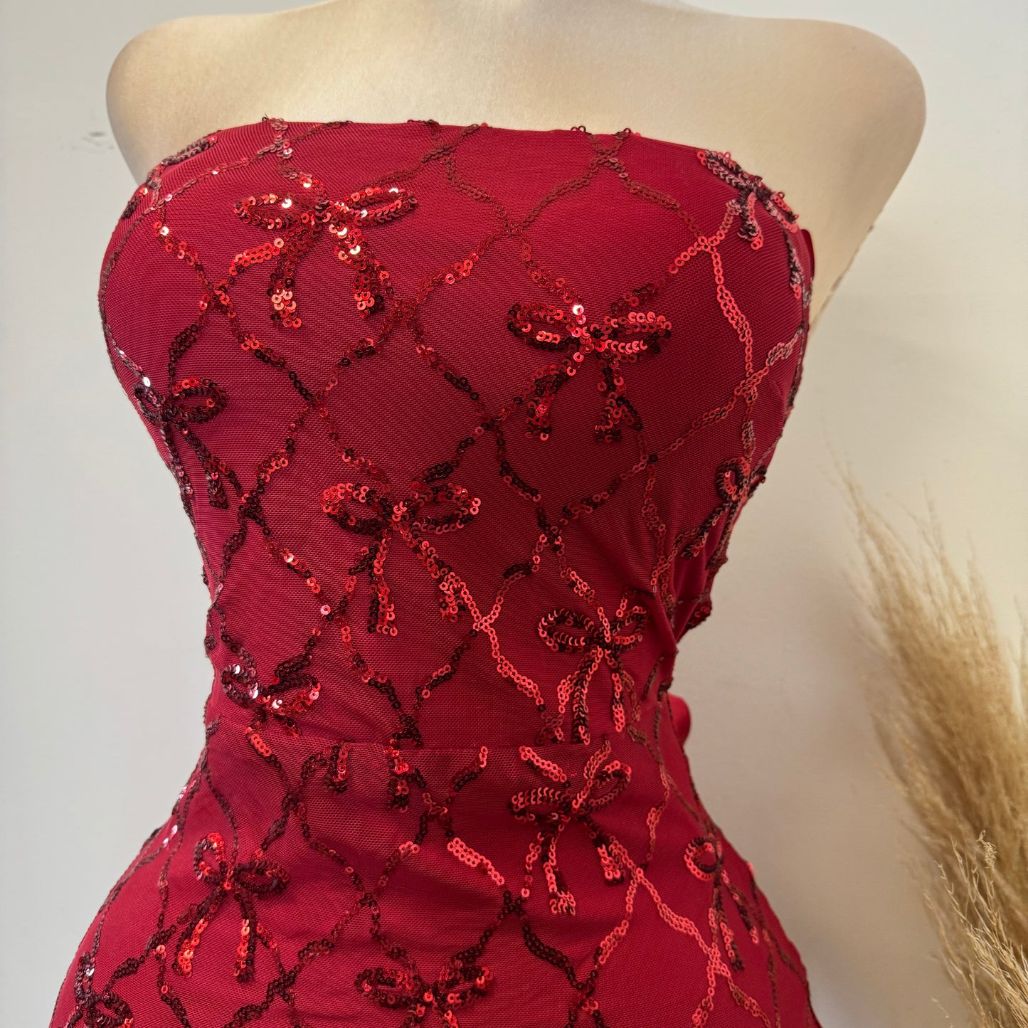 Bow Sequins Strapless Corset Dress-Red