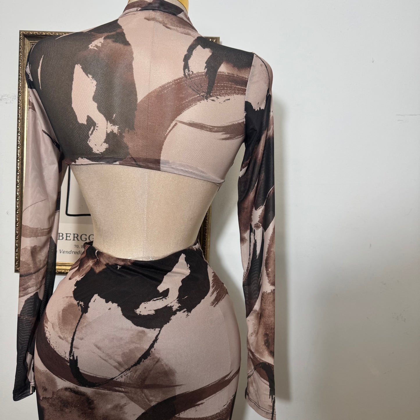 Multi Colored Front Sash Mock Neck Midi Dress-Brown