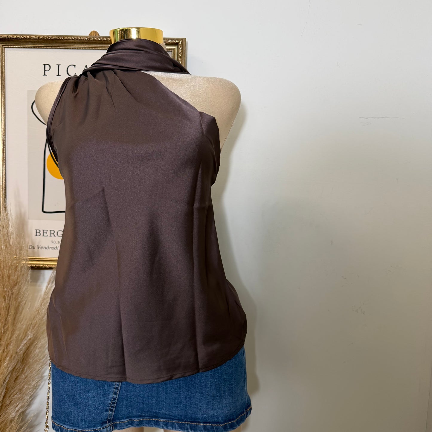One Shoulder Satin Top w/ Scarf Detail-Brown