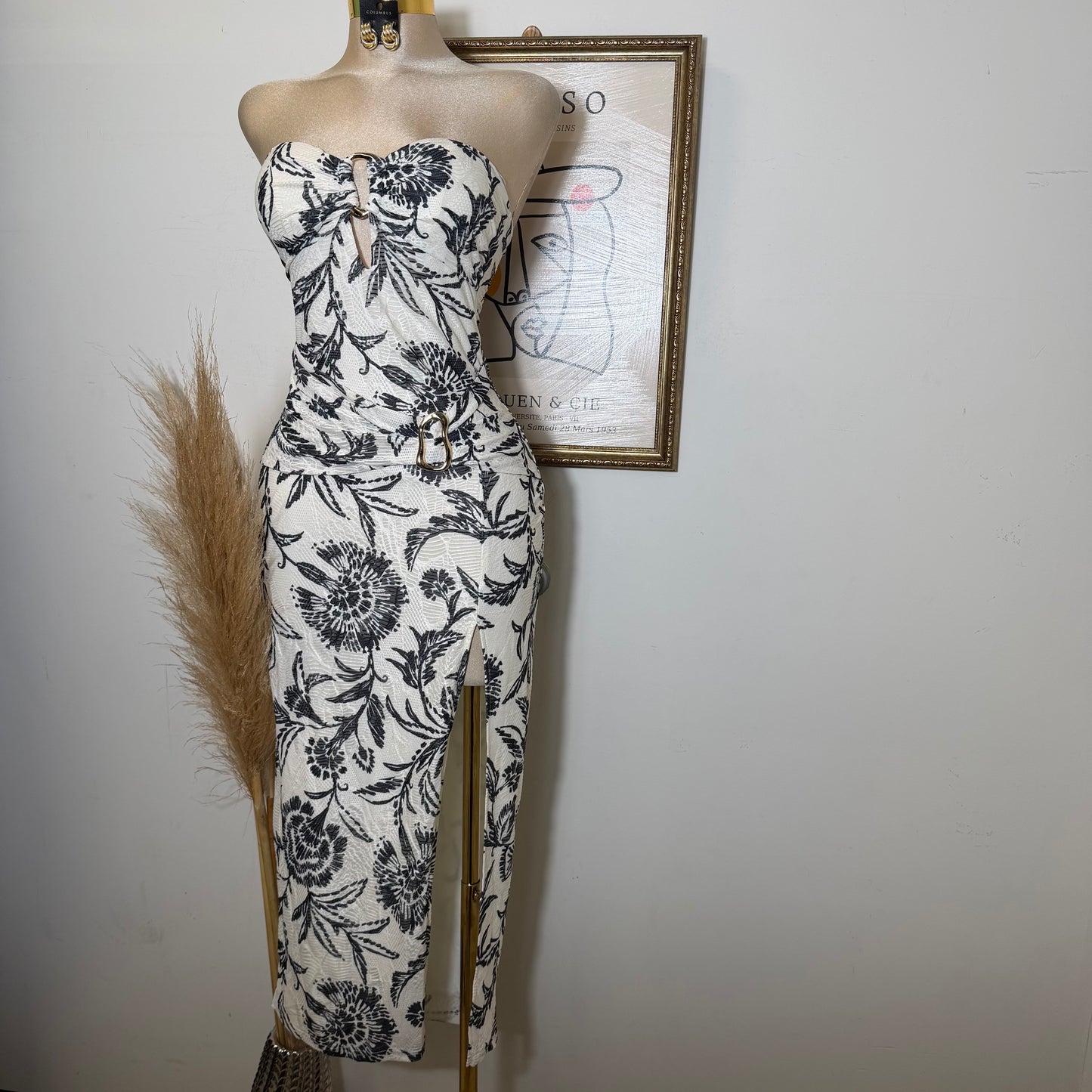 Printed Knit Jacquard w/ Metal Trim Tube Midi Dress-Black/White