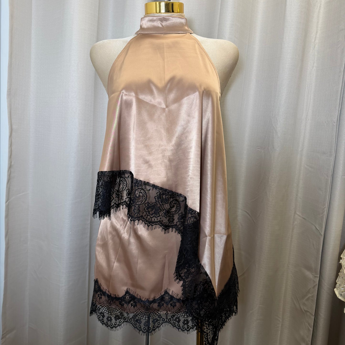 Satin Asymmetrical lace Top skirt Set-brown