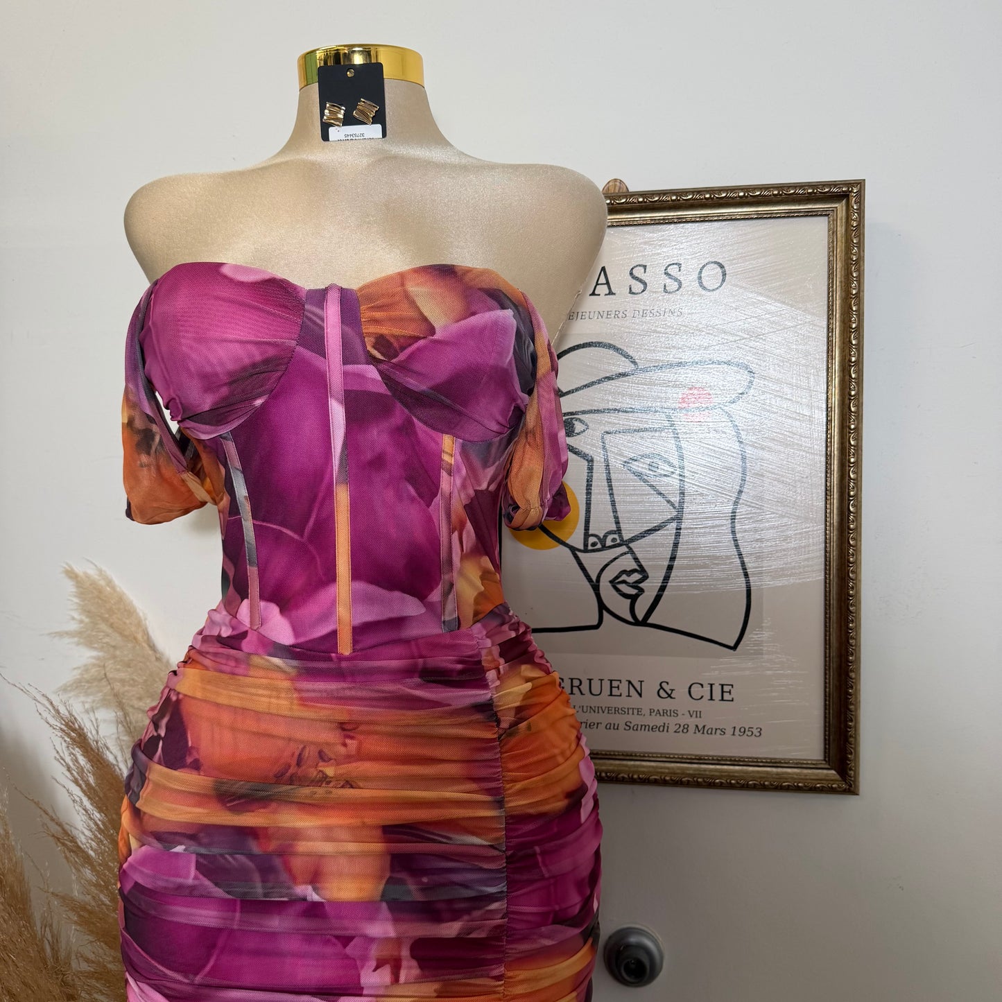 Floral Ruched Off Shoulder Maxi Dress with high slit-Mauve/Pink