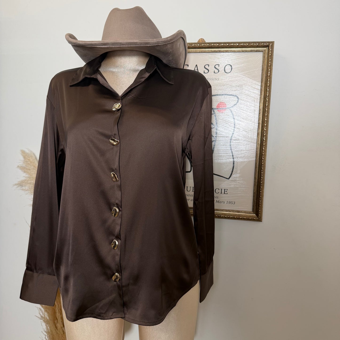 Long sleeve Satin button-Up top-brown