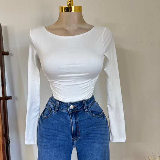 Ruched Long Sleeve Double Layered Top-White