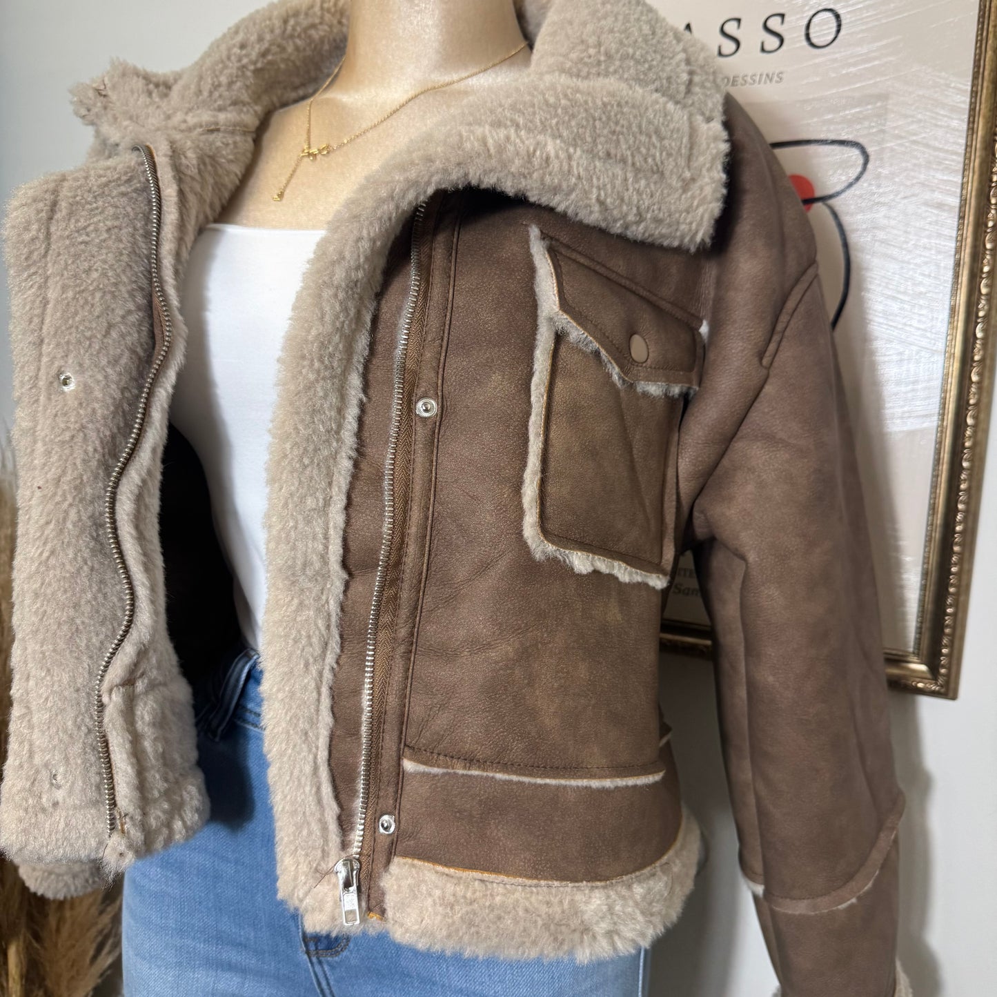 Long Sleeve Pocket Detail Faux Leather Inner Fur Jacket-Brown