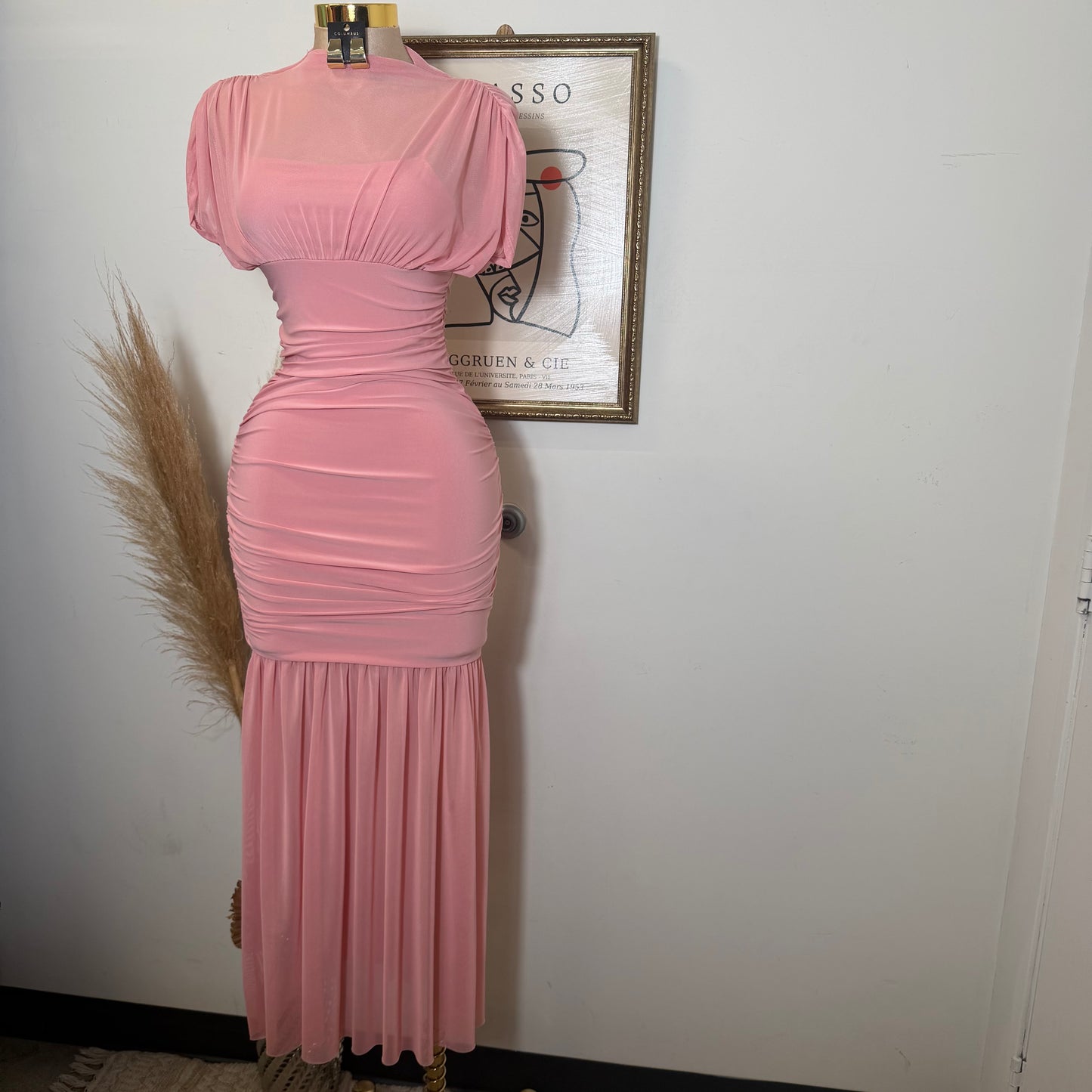 Mesh & Knit Mix Long Dress-Pink