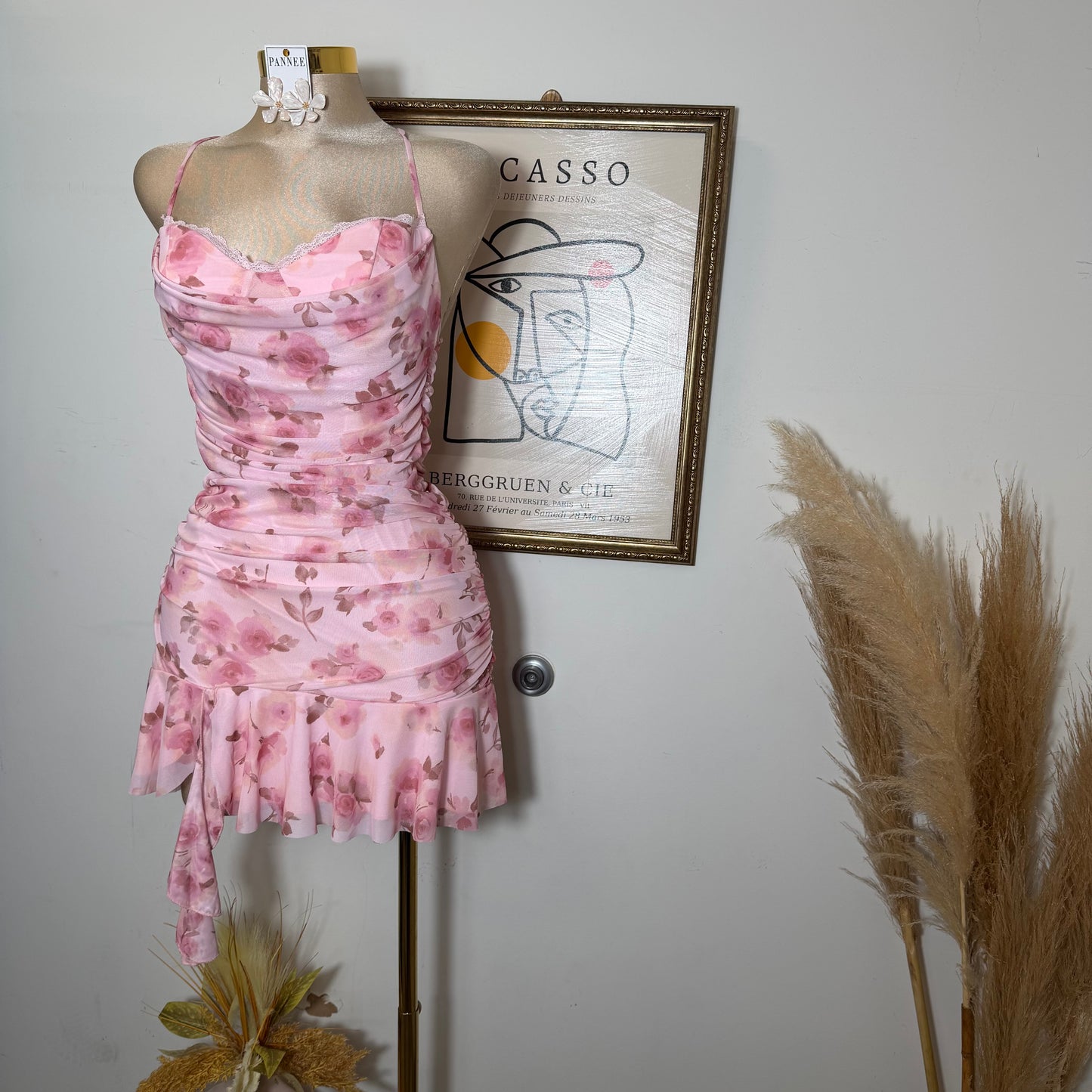 Floral open Back Mini Dress with Flowing Skirt-Pink