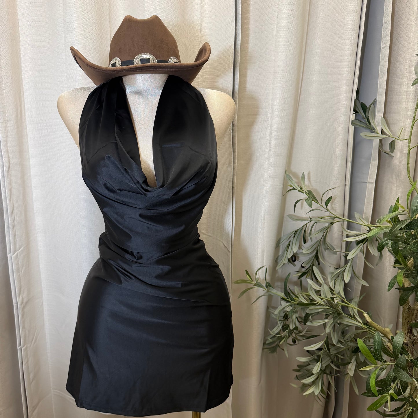 Satin Halter Dress-Black