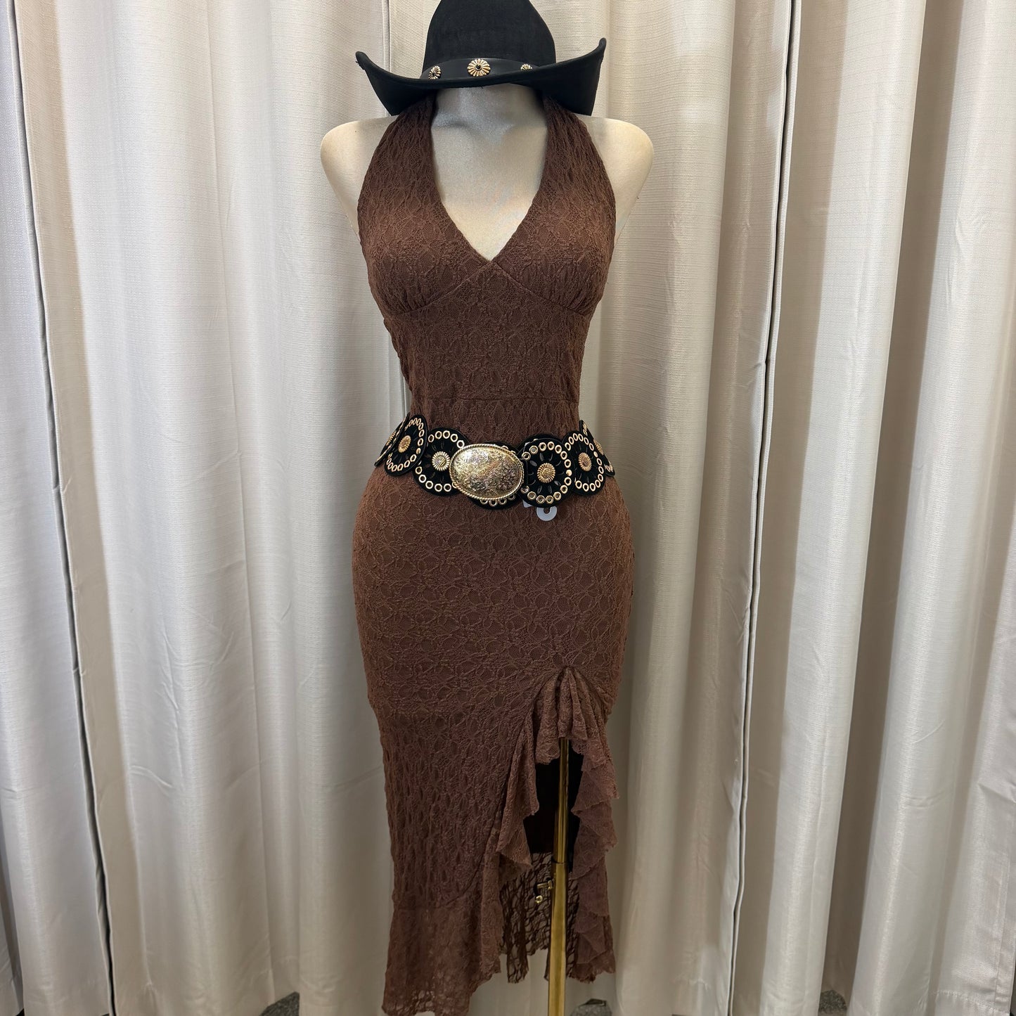 Halter Lace Midi Dress-Brown