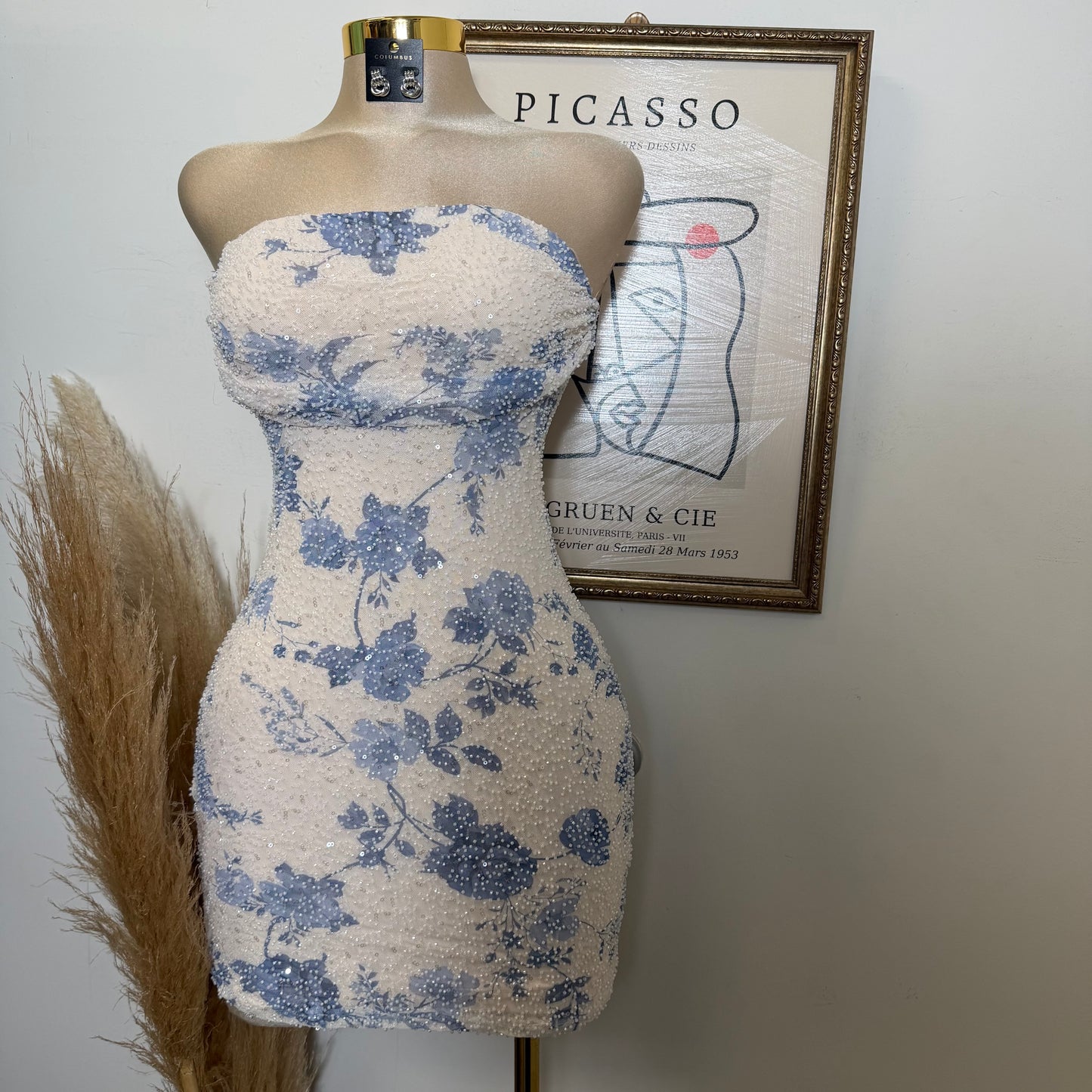 Floral beading pleated bust Bodycon Mini Dress-Ivory/Blue