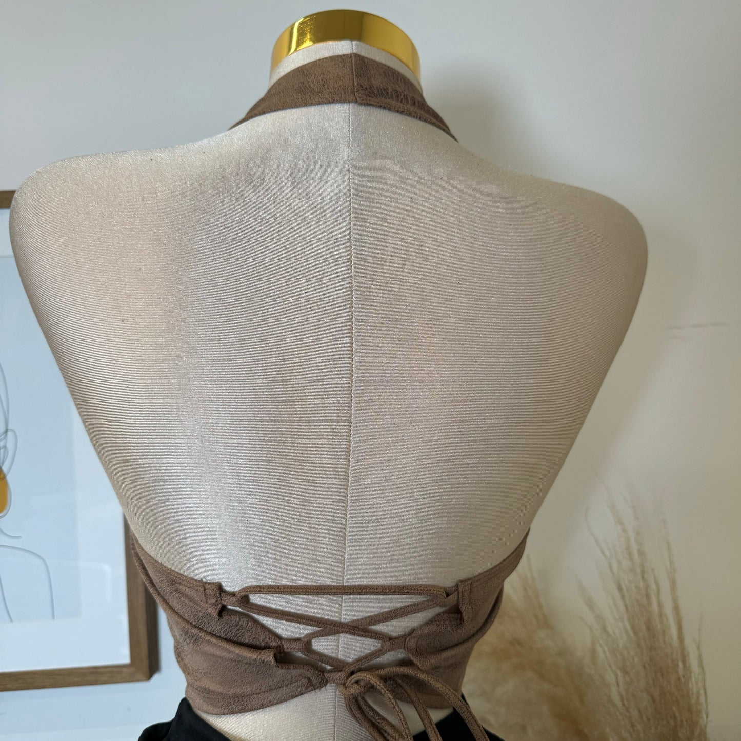 Suede Halter Crop Top Leather- Brown